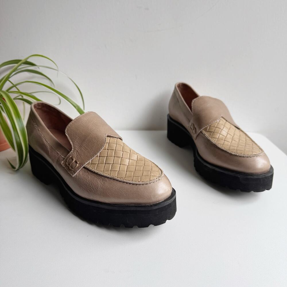 Anthropologie All Black Tan Woven Leather Platform Lug Sole Lady Loafers 39/8.5